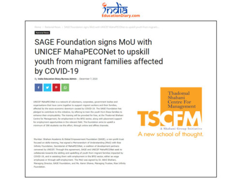 SAGE Foundation signs MoU with UNICEF MahaPECONet to upskill youth from migrant families affected by COVID-19